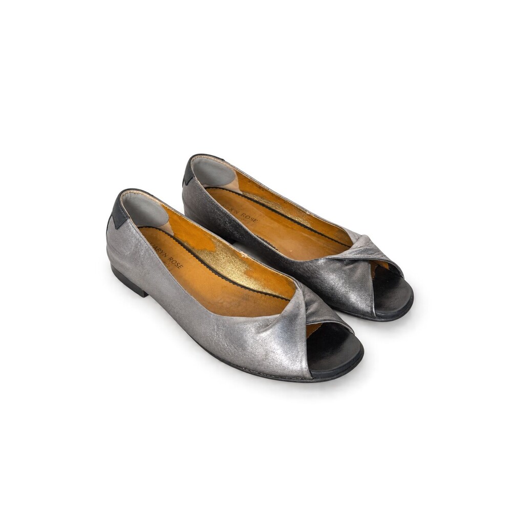 Taryn Rose Silver Metallic Leather Peep Toe Flats Women 10.5 Italy Ballet Shoes